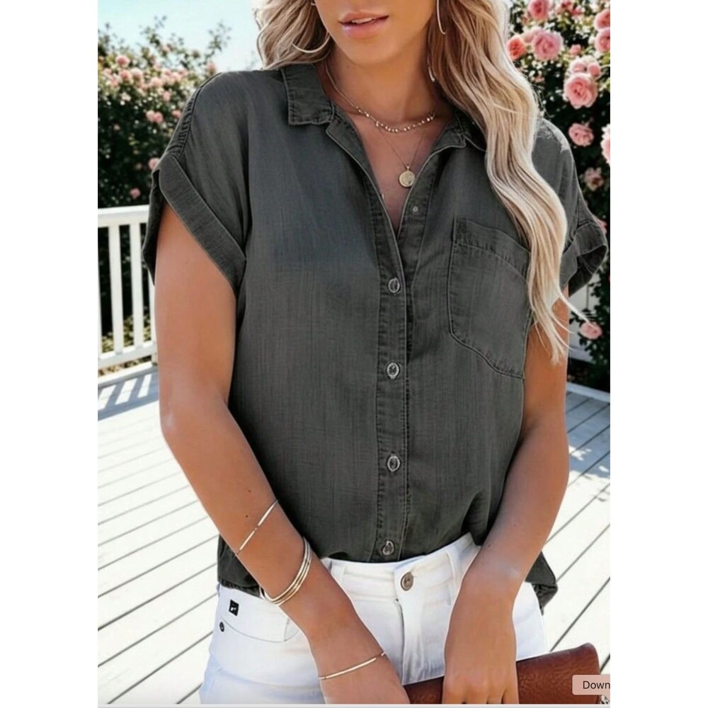 SHEIN Washed Denim Shirt L Black Collared Short Sleeve Button-Up Casual NEW B54